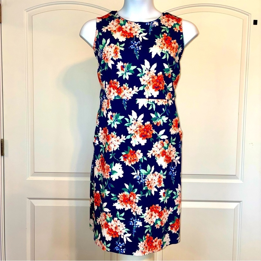 Lands' End Sleeveless Ponte Dress Size 24W Blue Floral Pockets